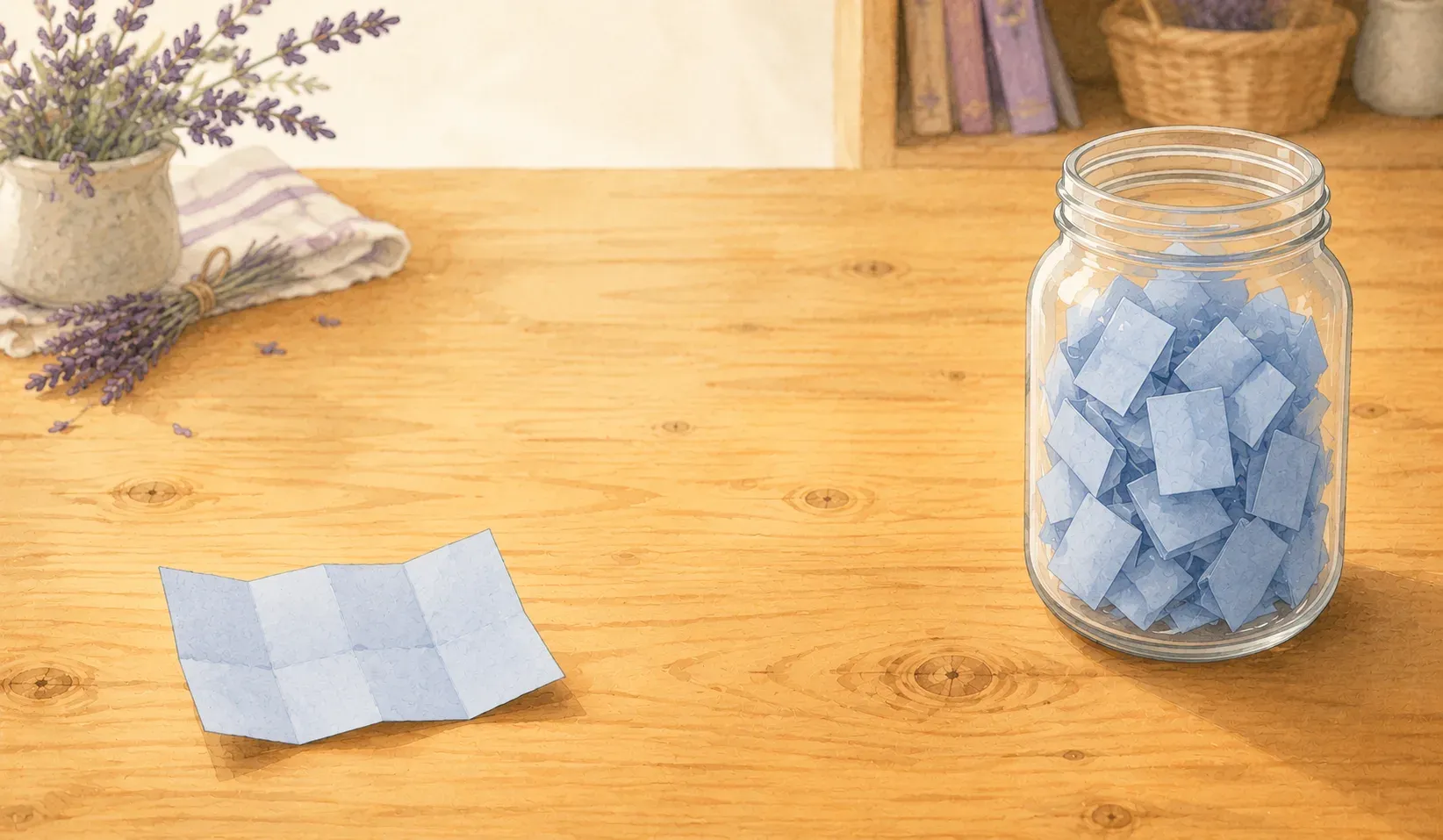 A glass jar of handwritten kana paper slips on a wooden kitchen table.